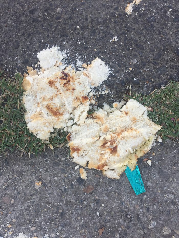 two crushed muffins or biscuits in the road