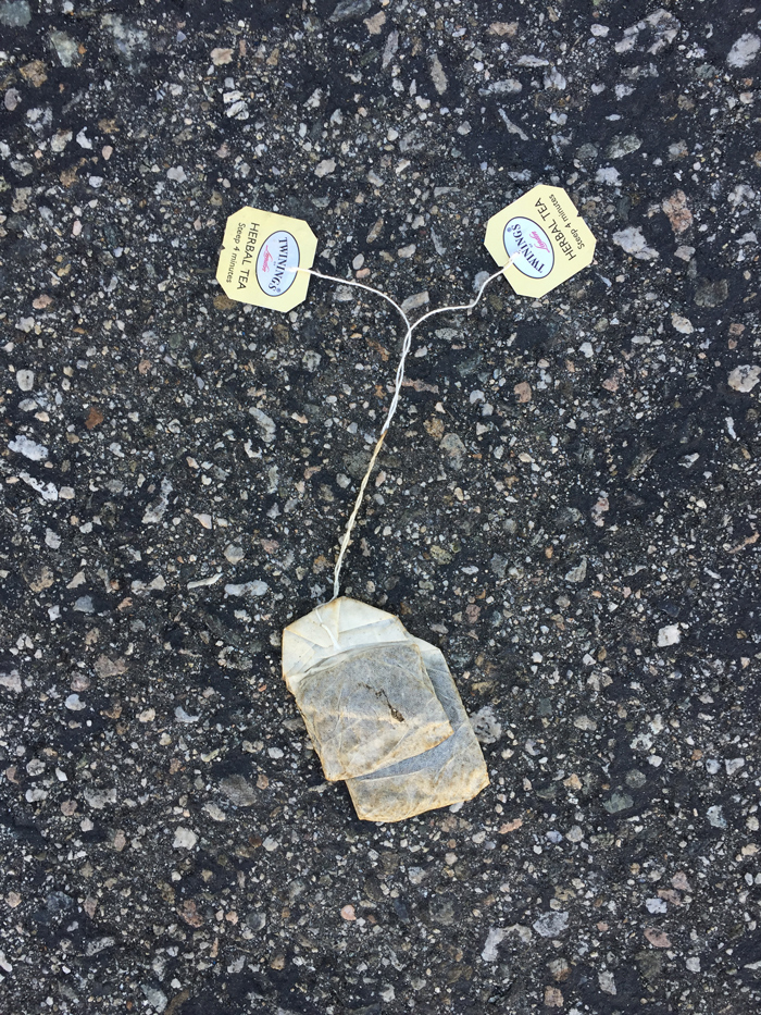 two Twinings herbal tea bags with strings twisted together in the street