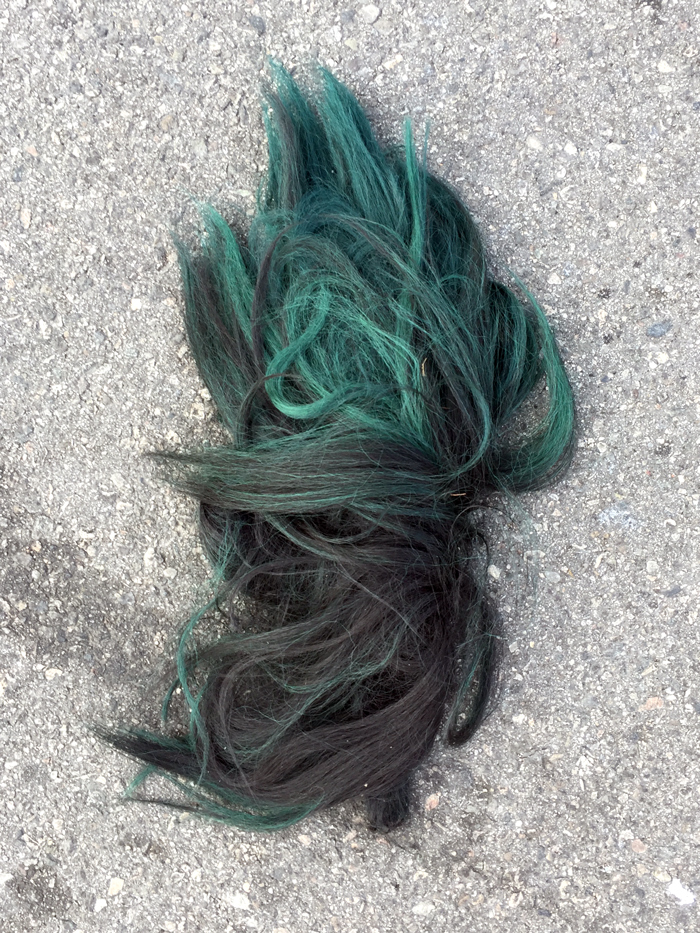 green and black fake hairpiece in road