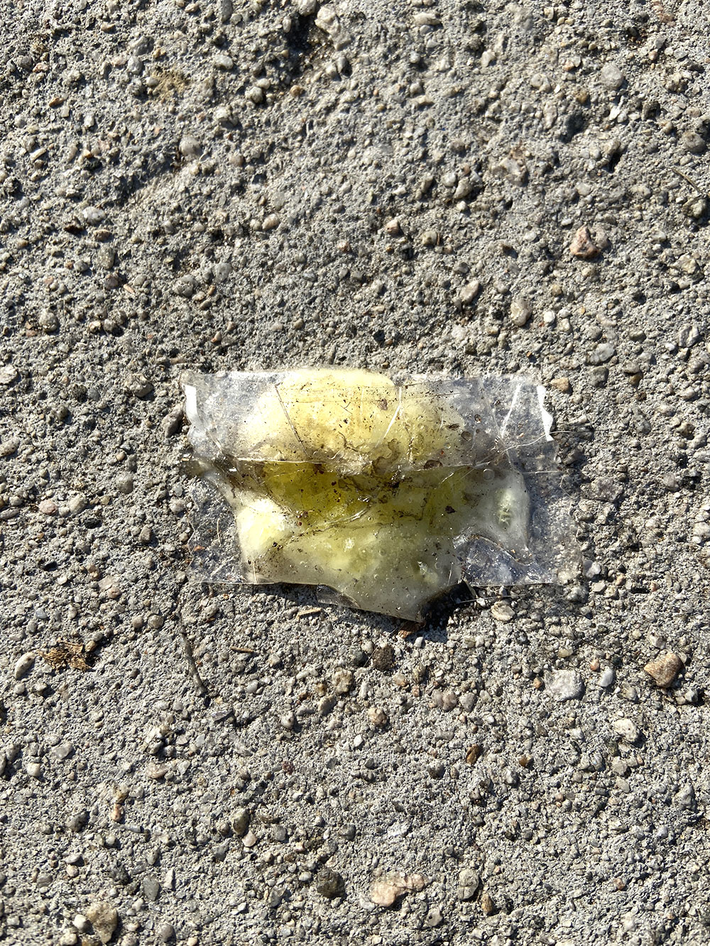 crushed yellow hard candy in plastic wrapper
